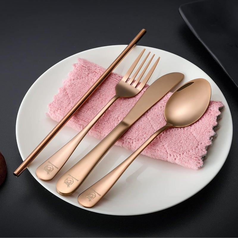 Boulder Bee Travel Utensils | Reusable Camping Cutlery | Stainless Steel Flatware | Portable Silverware Set with Case | Includes Knife/Fork/Spoon/Straw/Cleaning Cloth (Rose Gold) - Image 4